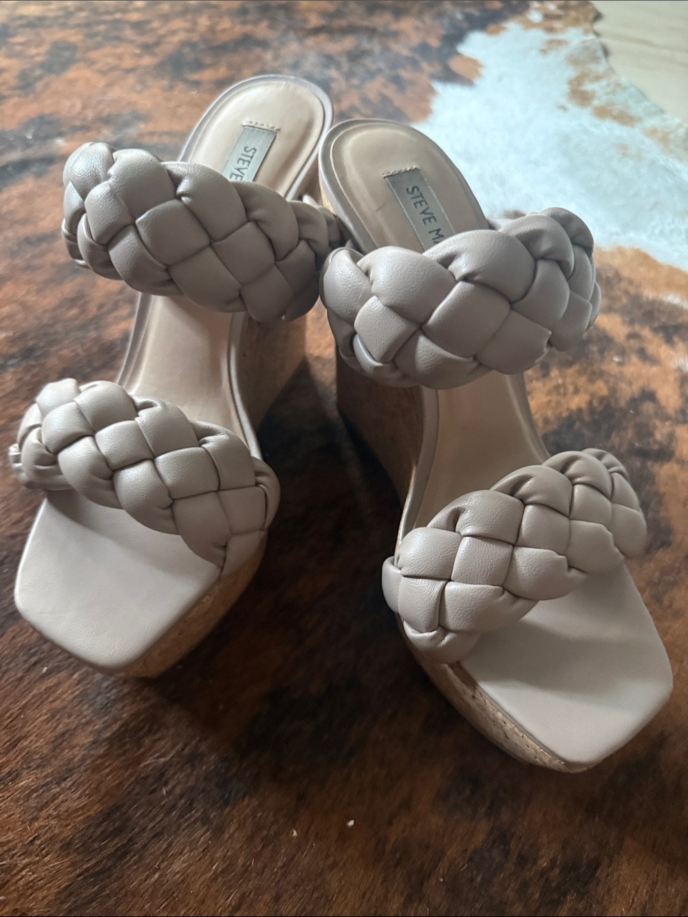 Steve Madden Beige Braided Cork Wedge Sandals
